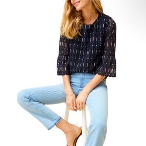 NWT Loft Blue/Black/Metallic Trumpet/Bell sleeve top in Size Small